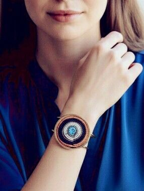 Gold-Tone Seed Beaded Cuff Bracelet - Blue, White Orange Navy